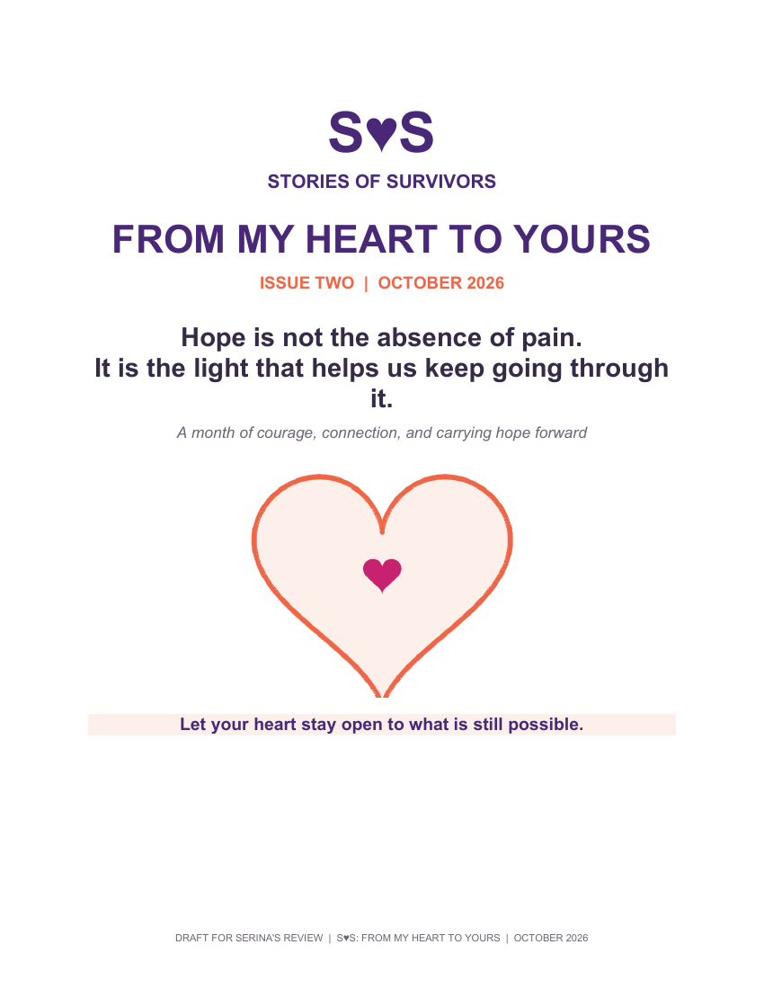 Cover of the October 2026 S.O.S. newsletter, From My Heart to Yours